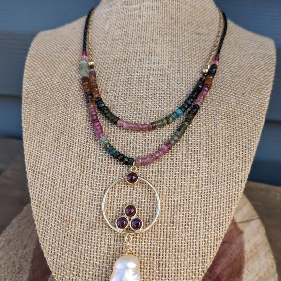 Tourmaline Garnet Gold Filled Vermeil Two strand Necklace FREE SHIPPING - Picture 3 of 8